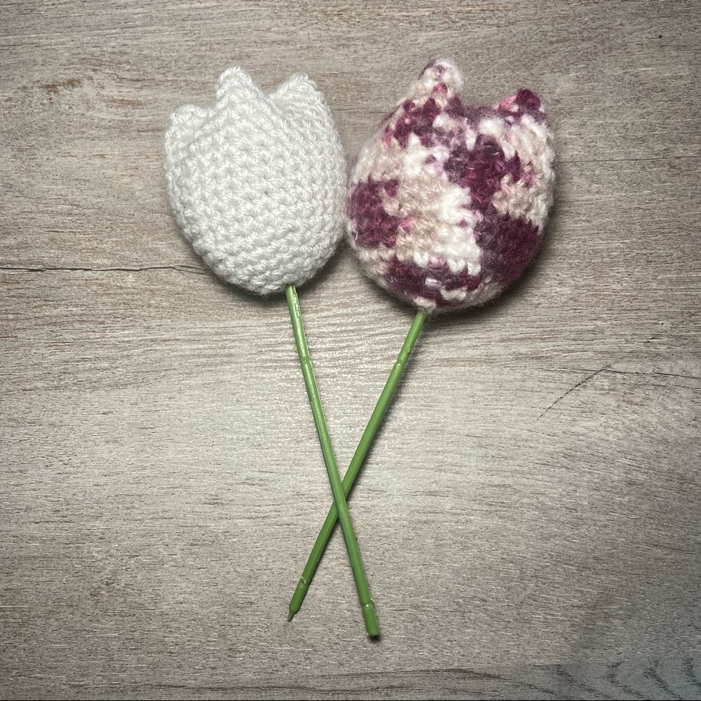 Crochet flower tulip flower handmade Light gray and multi colored purple,white